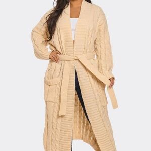 NWT Women's Cream Cable Knit Belted Cardigan